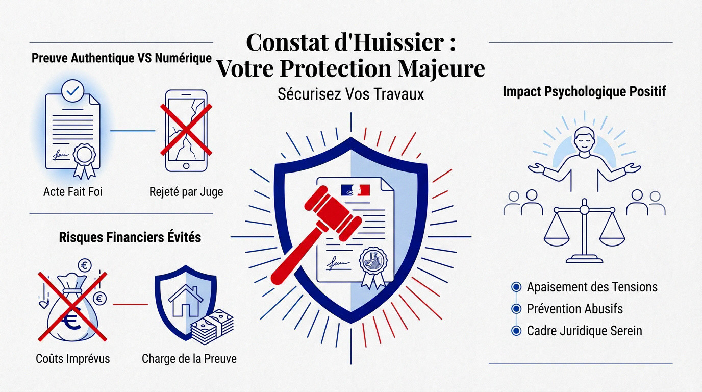 Commissaire de justice réalisant un constat d'huissier travaux sur un chantier de construction