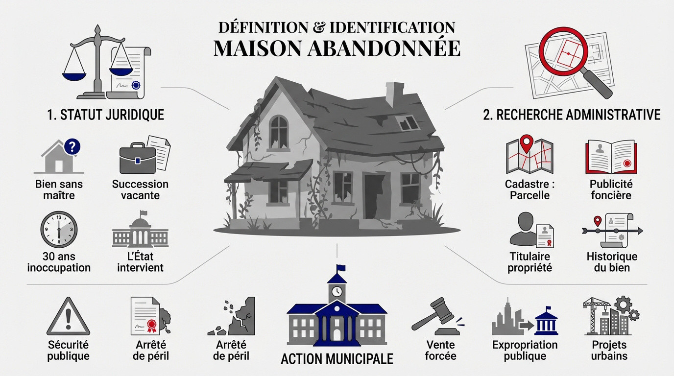 Maison ancienne abandonnée avec façade dégradée et volets clos