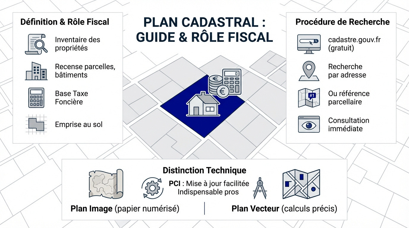 Consultation du plan cadastral officiel pour identifier les parcelles et l'emprise au sol des bâtiments