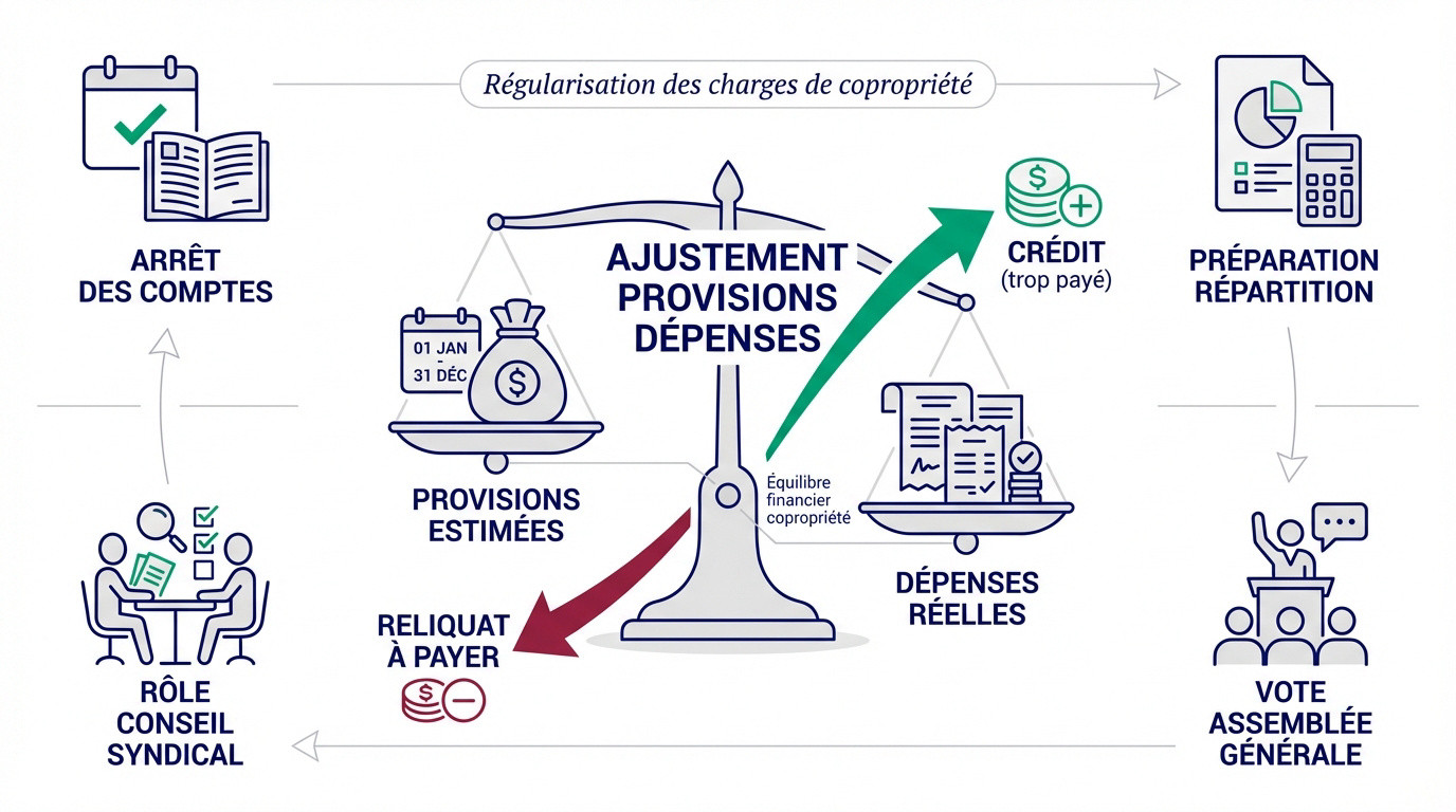Schéma explicatif de l'ajustement des charges en copropriété