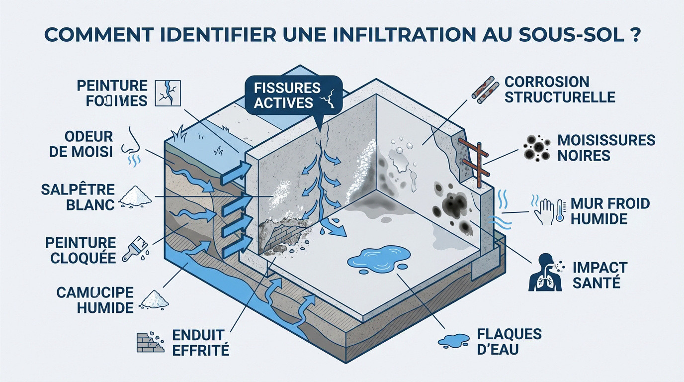Signes visuels d'une infiltration d'eau en sous-sol sur un mur en béton
