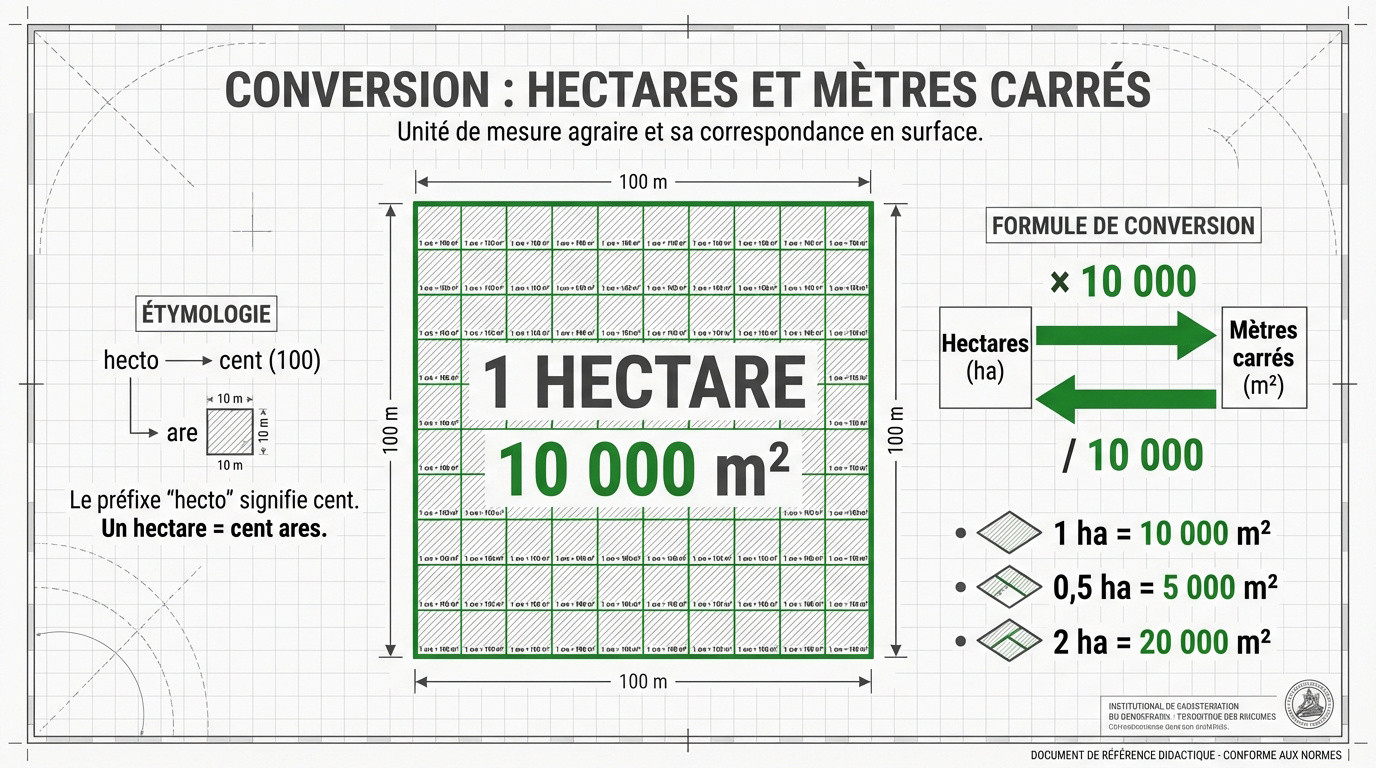 Tableau de conversion simplifié entre hectares et mètres carrés pour le foncier