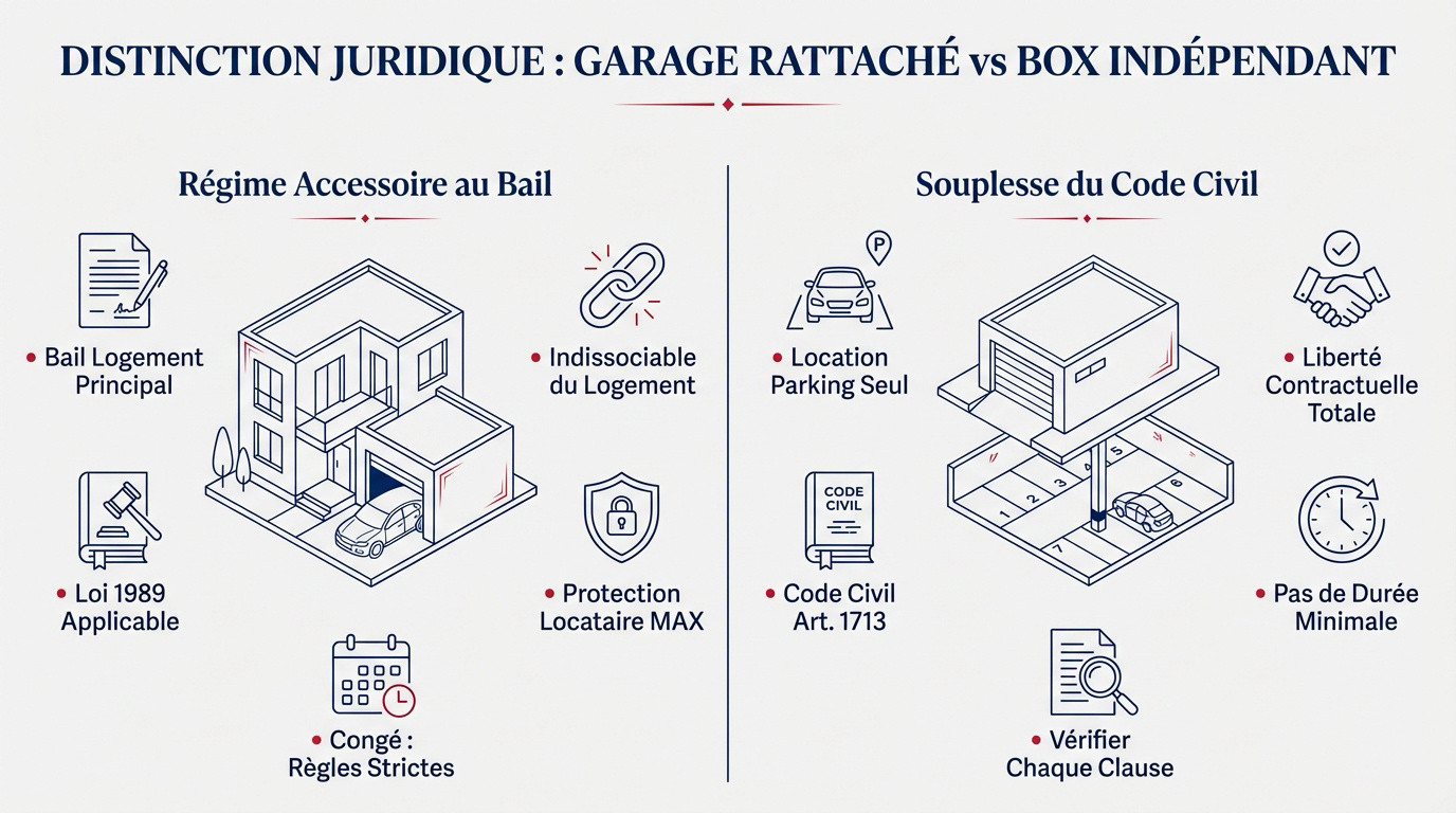 Distinction juridique entre un garage rattaché au logement et un box indépendant pour comprendre la résiliation bail garage