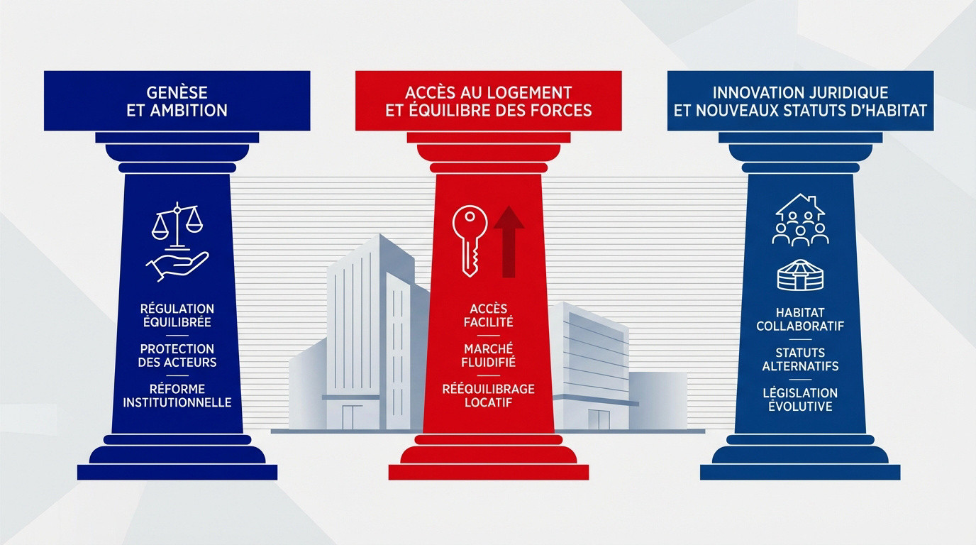 Schéma explicatif des trois piliers fondamentaux de la loi ALUR pour l'immobilier
