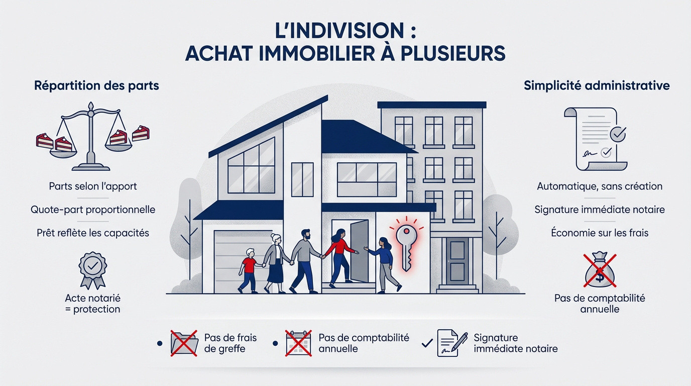 Signature d'un acte d'achat immobilier en indivision chez le notaire