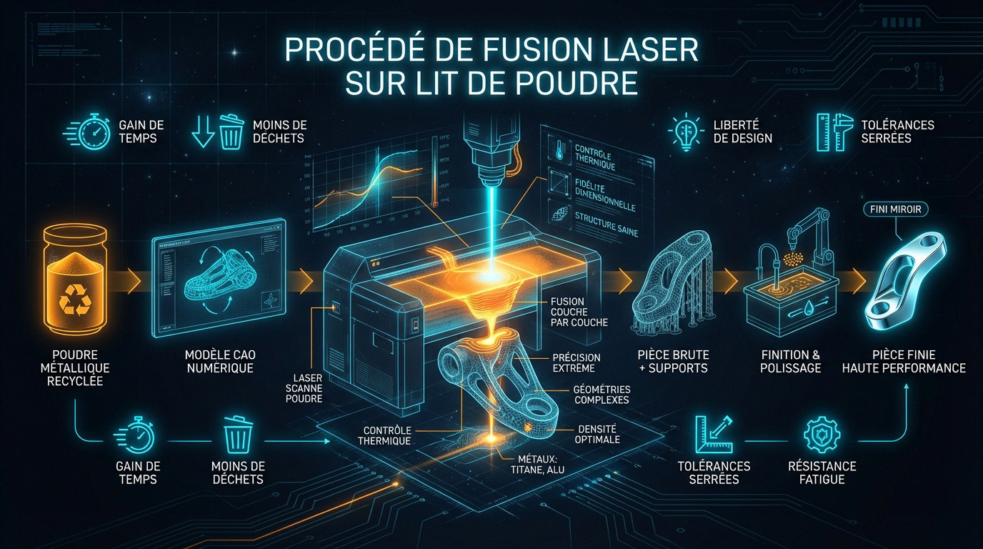 Illustration du procédé de fusion laser sur lit de poudre métallique L-PBF