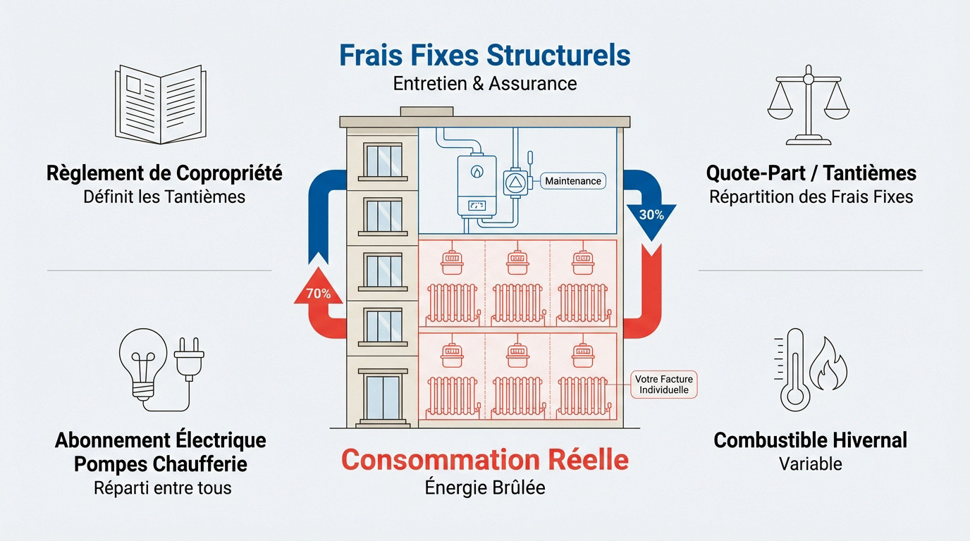Schéma de répartition des charges de chauffage entre frais communs et consommation individuelle