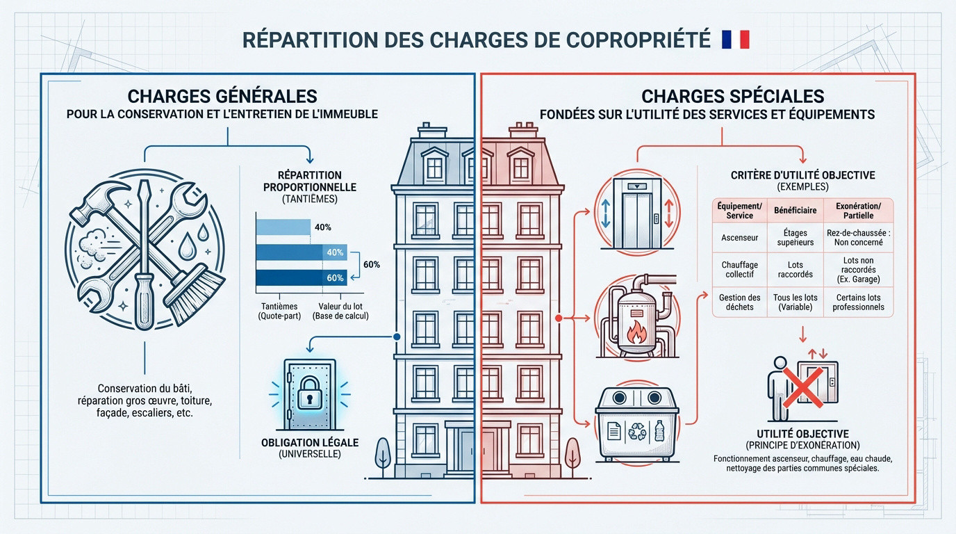 Schéma explicatif de la répartition des charges générales et spéciales en copropriété