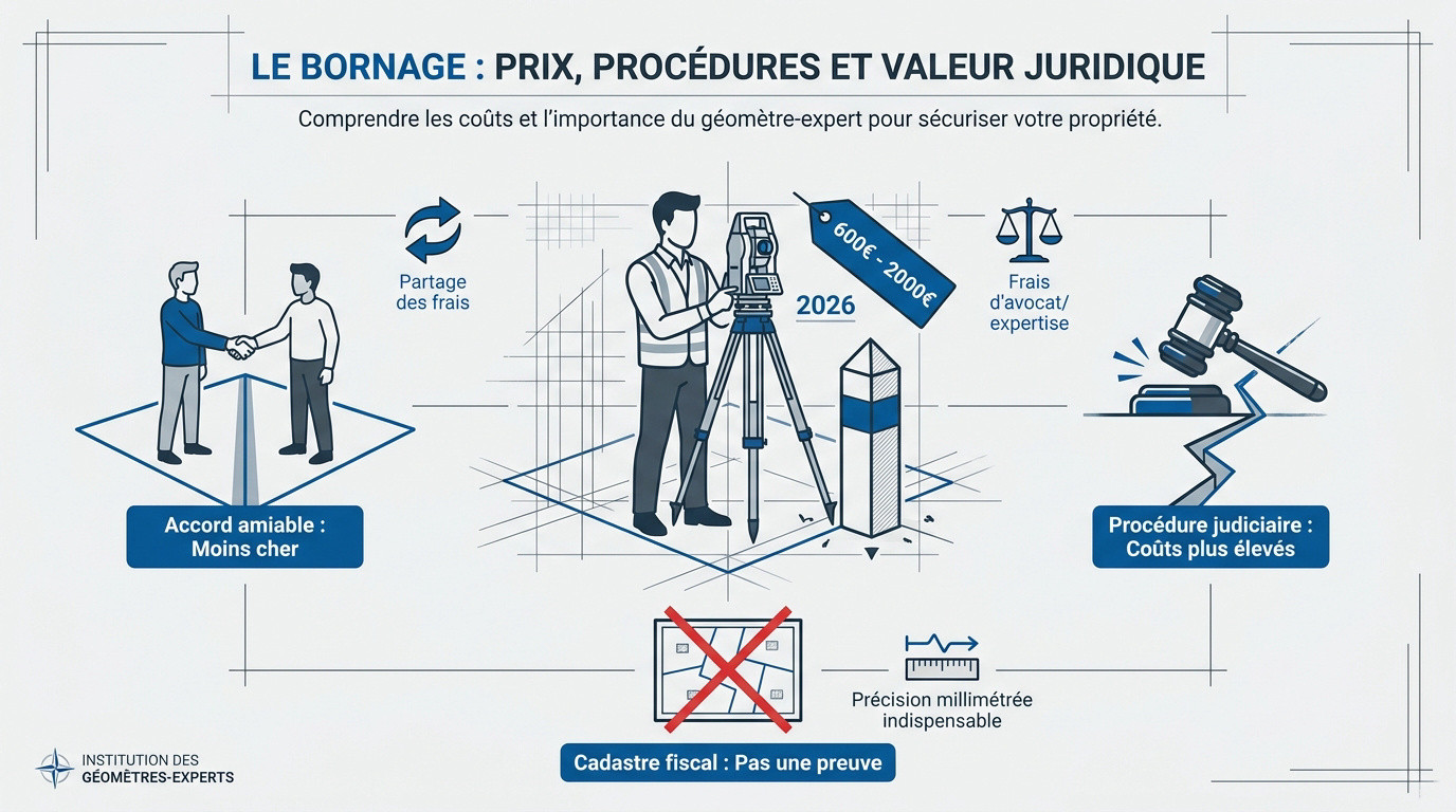 Géomètre-expert réalisant un bornage de terrain avec des instruments de précision