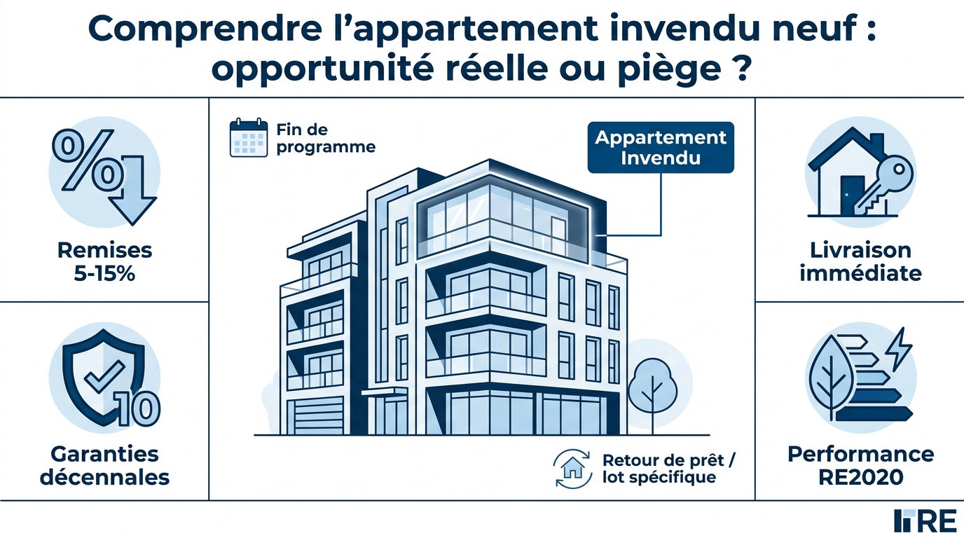 Immeuble résidentiel neuf moderne illustrant une opportunité d'appartement invendu