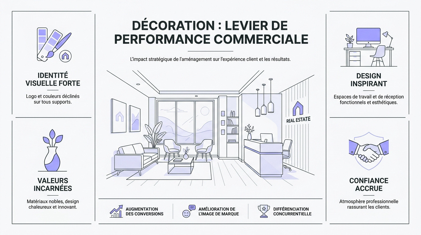 Aménagement intérieur moderne d'une agence immobilière avec mobilier en bois et lumière naturelle