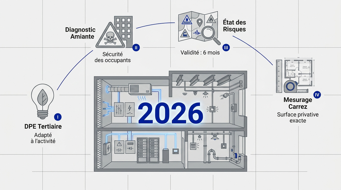 Expert réalisant un diagnostic immobilier pour un local commercial en 2026