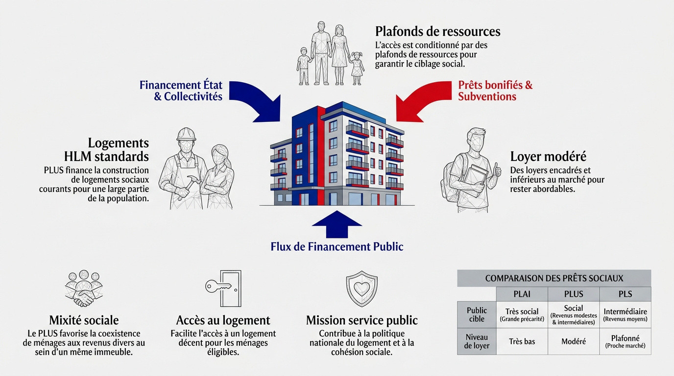 Schéma explicatif du fonctionnement du prêt locatif à usage social PLUS dans le secteur HLM