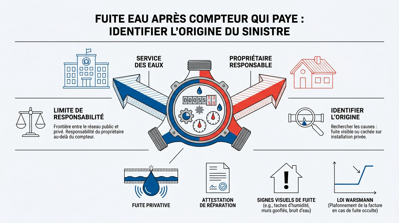 Plombier vérifiant une canalisation après compteur pour localiser une fuite d'eau