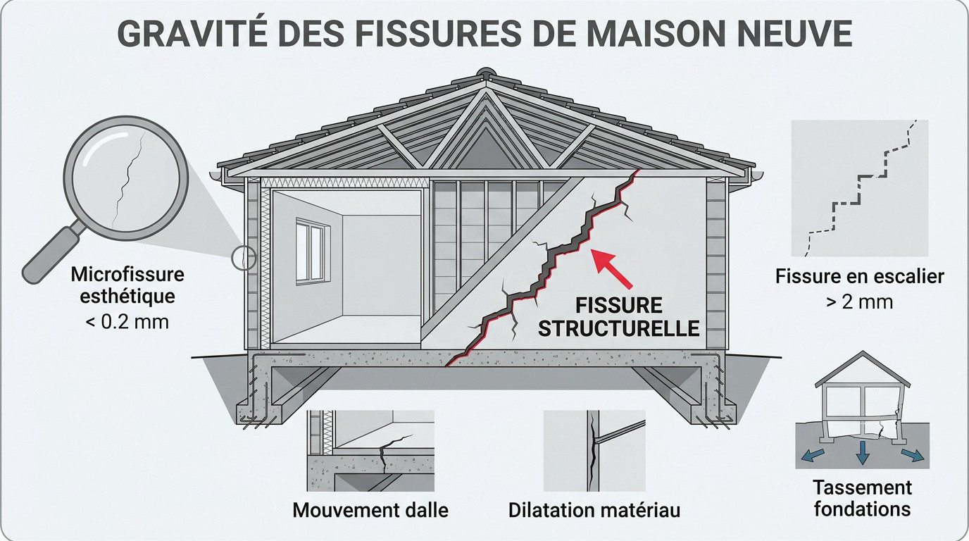 Schéma technique identifiant les types de fissures sur une façade neuve