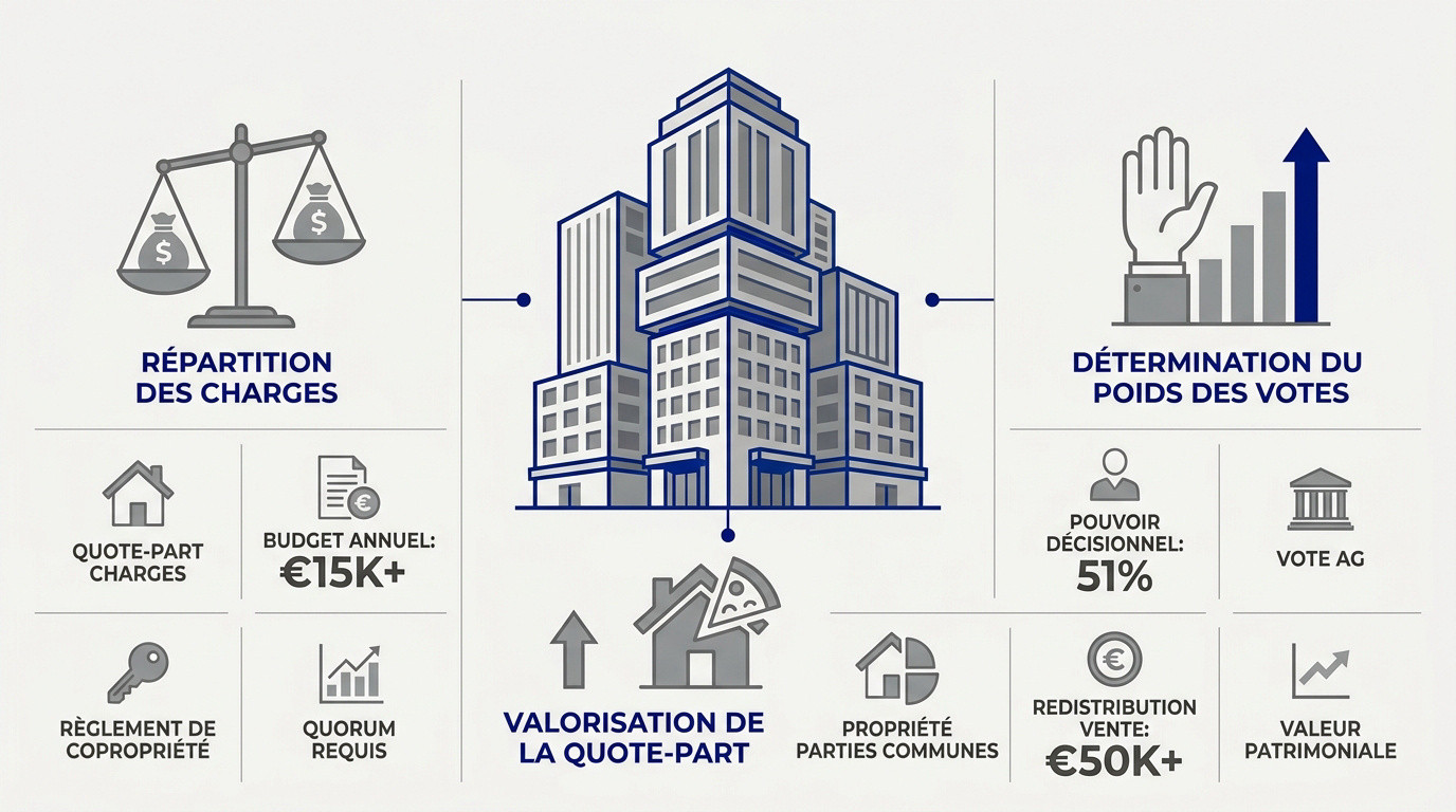 Infographie expliquant la répartition des tantièmes et de la quote-part en copropriété