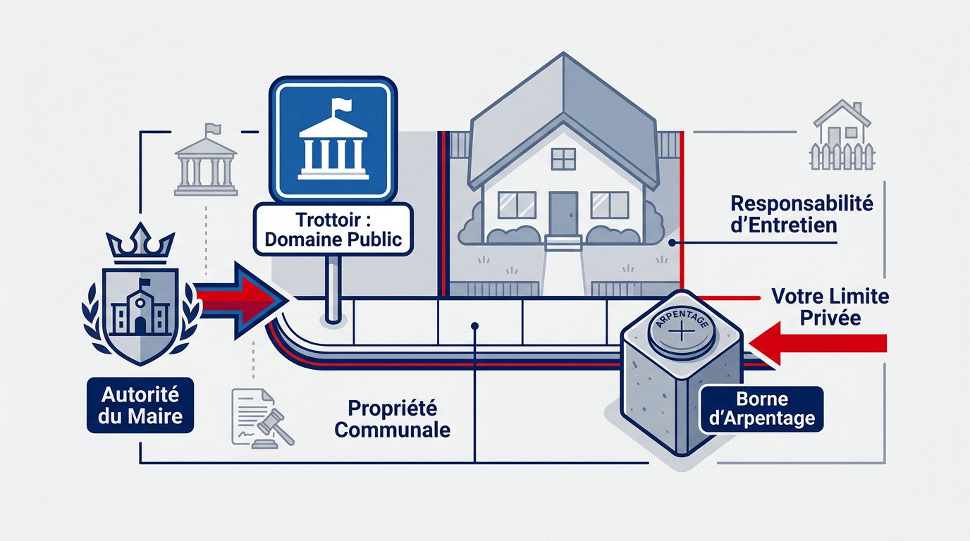 Infographie expliquant la séparation entre domaine public et propriété privée pour l'entretien des trottoirs