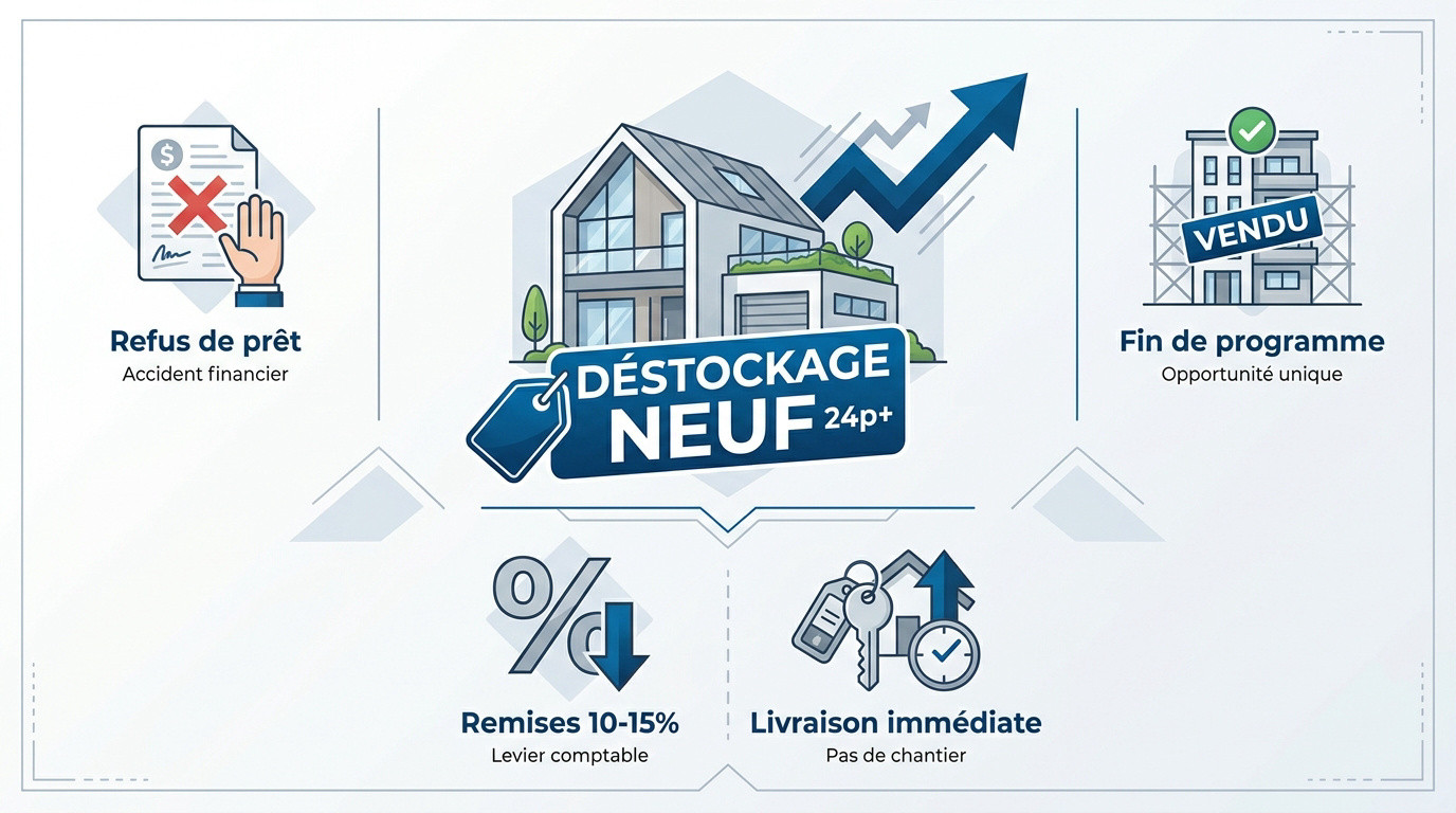 Infographie expliquant les avantages du déstockage immobilier neuf : prix réduits et livraison immédiate