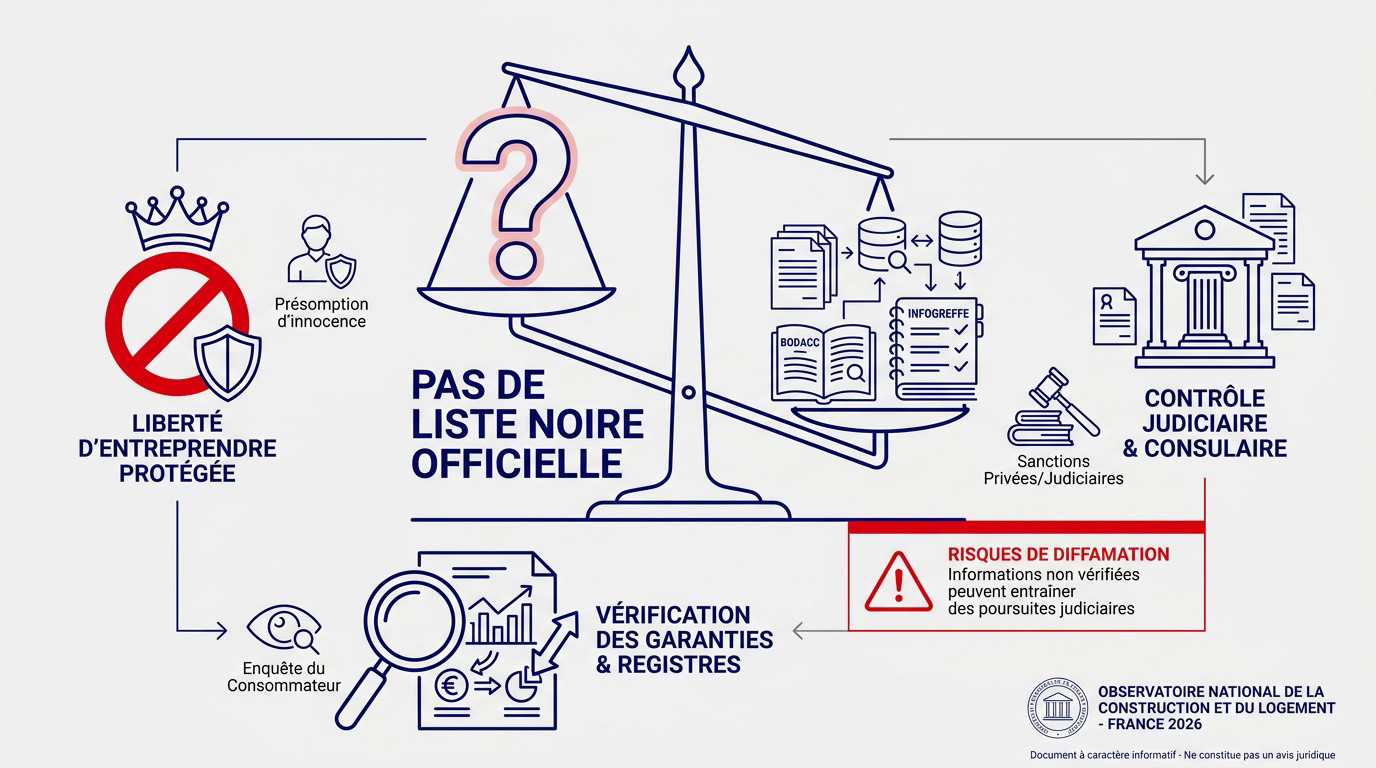 Infographie expliquant l'absence de liste noire officielle des constructeurs de maisons en France et les outils de vérification légaux
