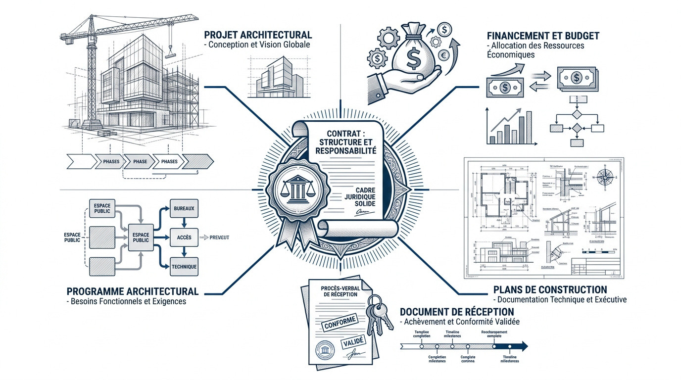 Infographie présentant la structure contractuelle entre le maître d'ouvrage et le maître d'œuvre