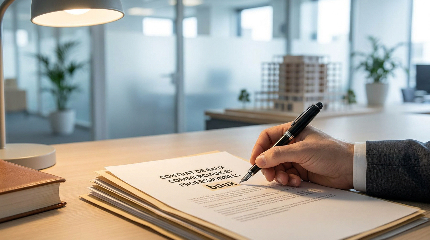 Une main d'homme en costume signe un contrat de baux commerciaux et professionnels sur un bureau de bureau moderne.