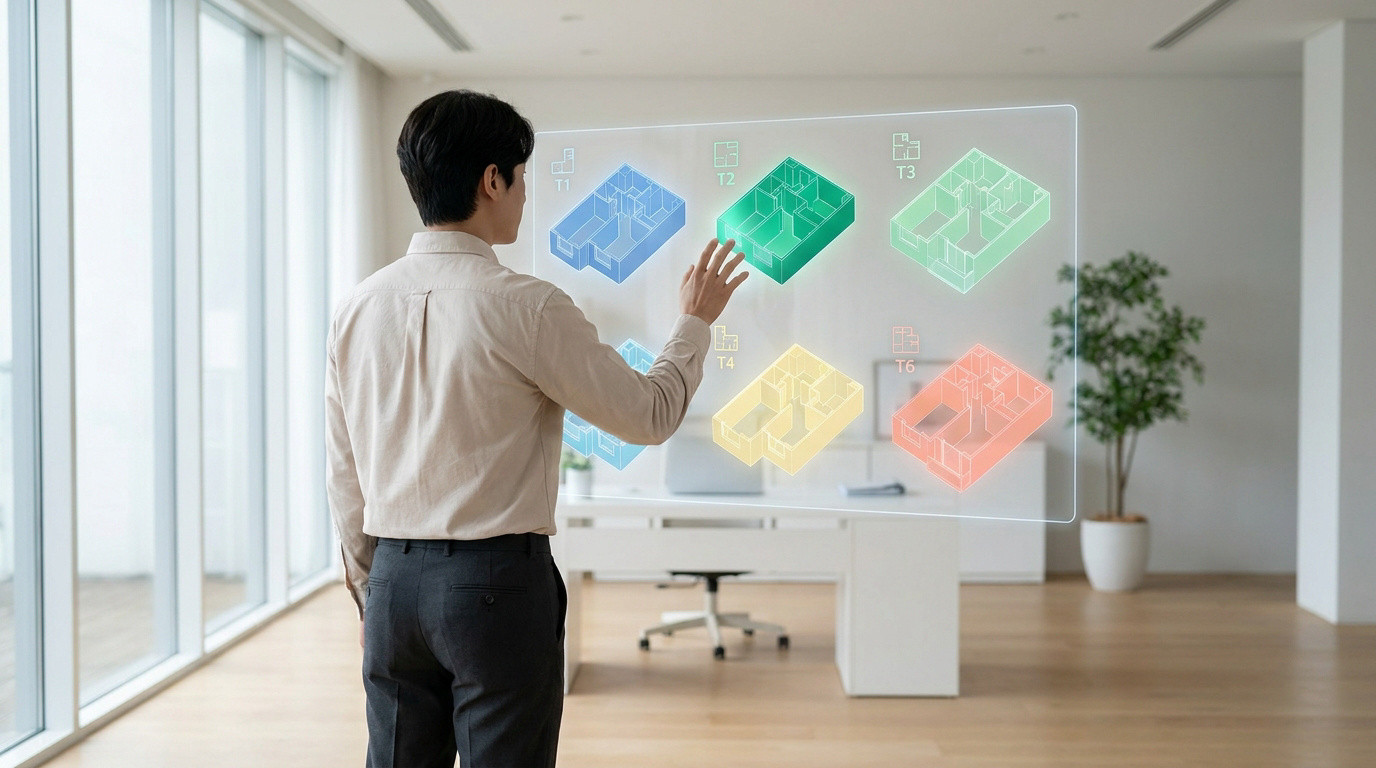 Un homme examine des plans 3D de logements sur une interface holographique transparente dans un bureau moderne.