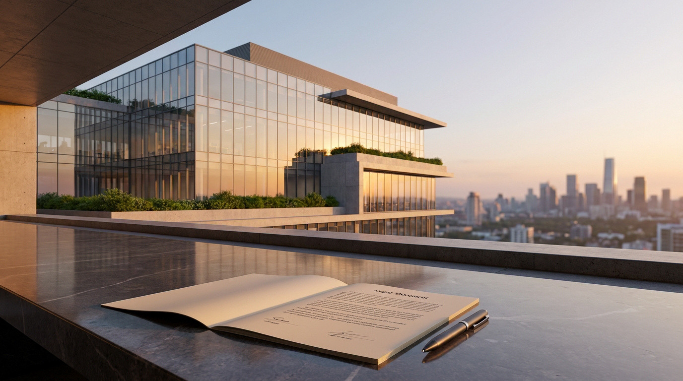 Un contrat posé sur une table devant un immeuble de bureaux moderne avec une vue sur le panorama urbain au coucher.
