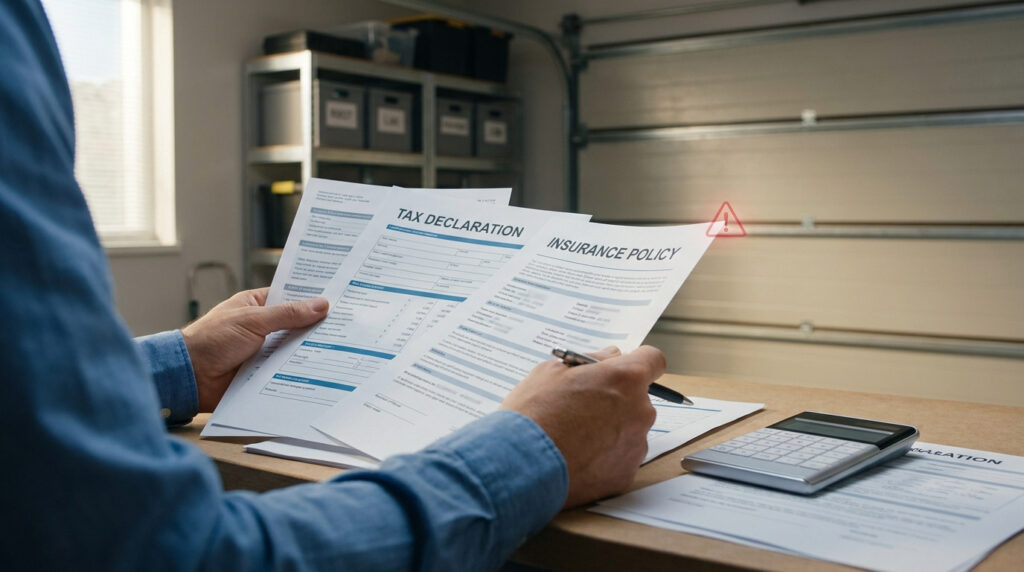 Une personne tient des documents de déclaration fiscale et d'assurance devant un garage, avec une icône d'avertissement.