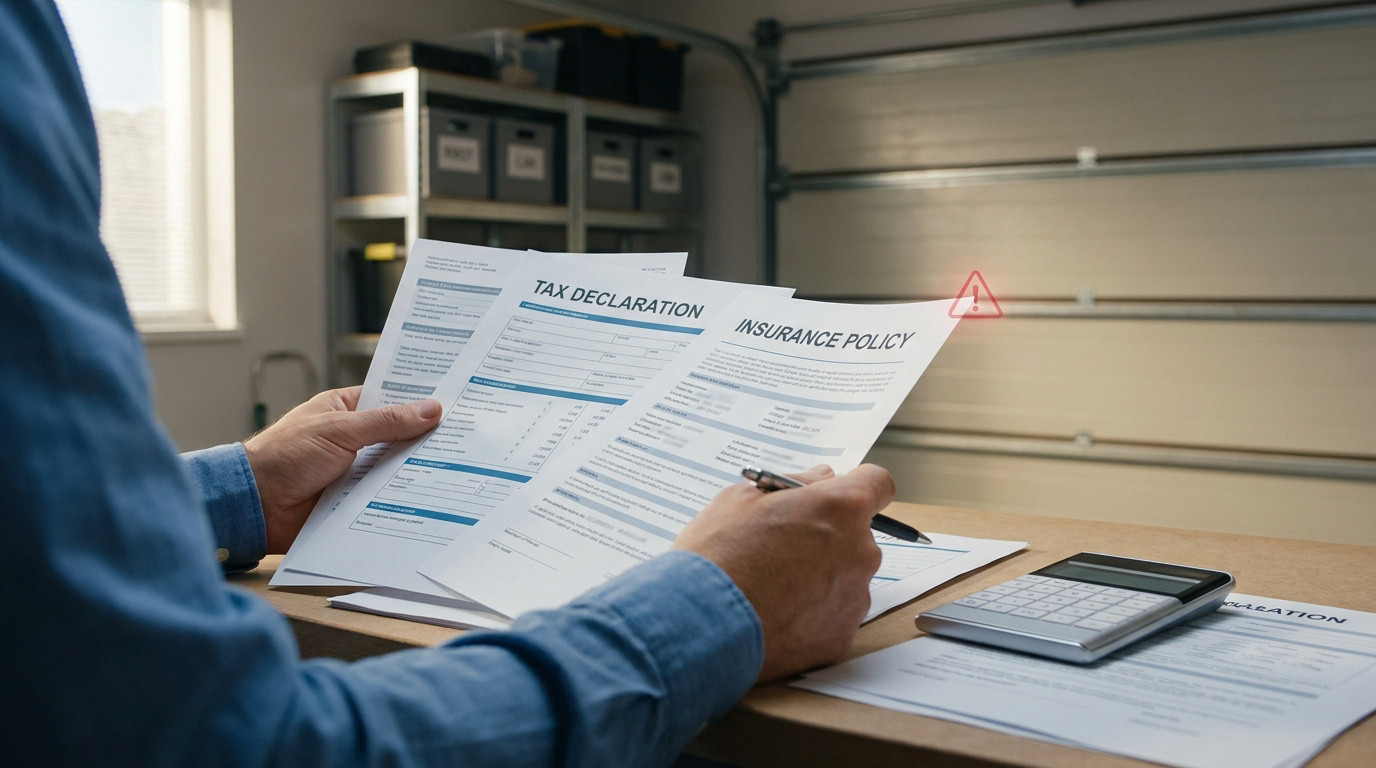 Une personne tient des documents de déclaration fiscale et d'assurance devant un garage, avec une icône d'avertissement.