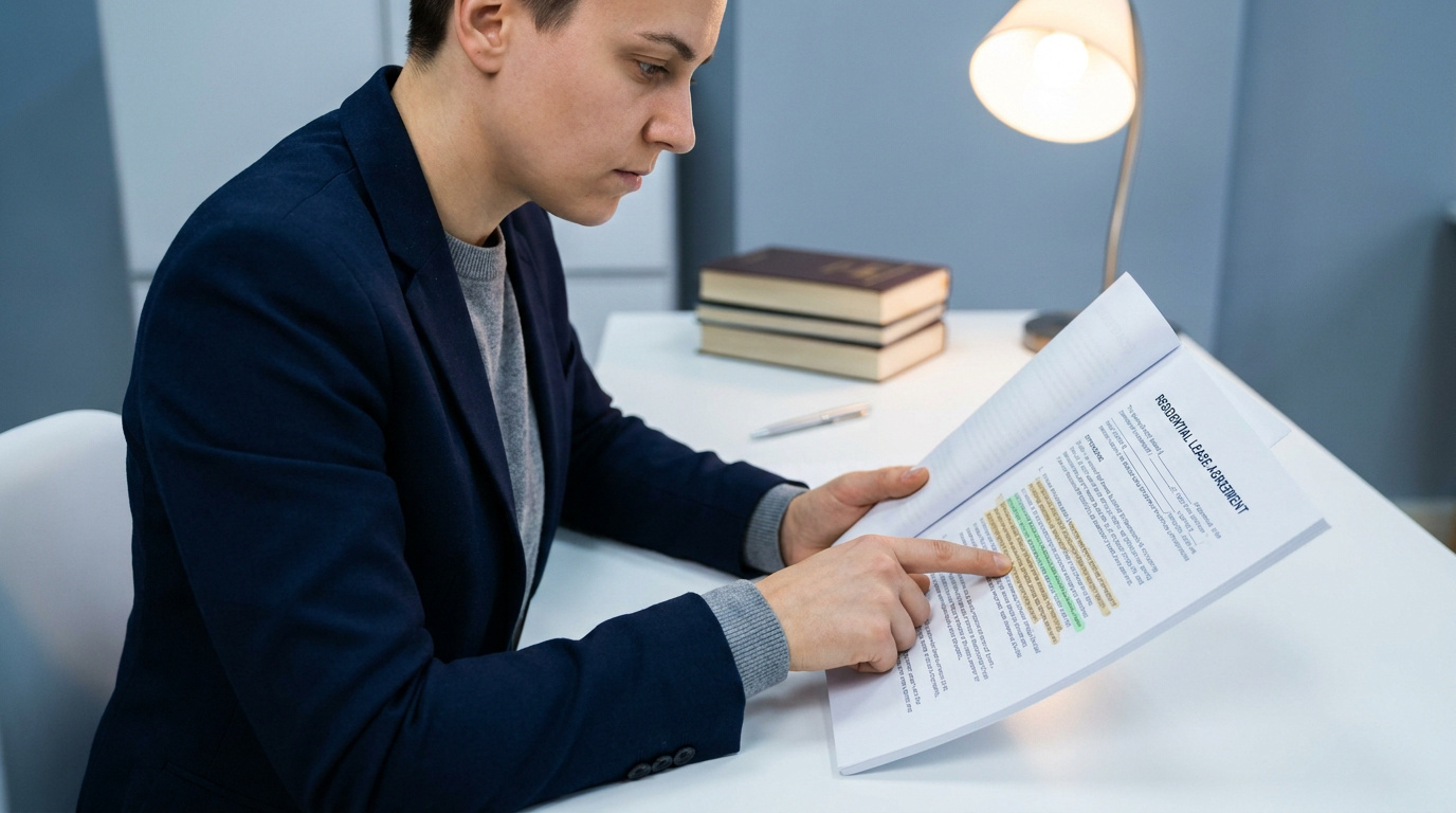 Une personne en tenue professionnelle examine attentivement un contrat de location résidentiel avec des surlignages.