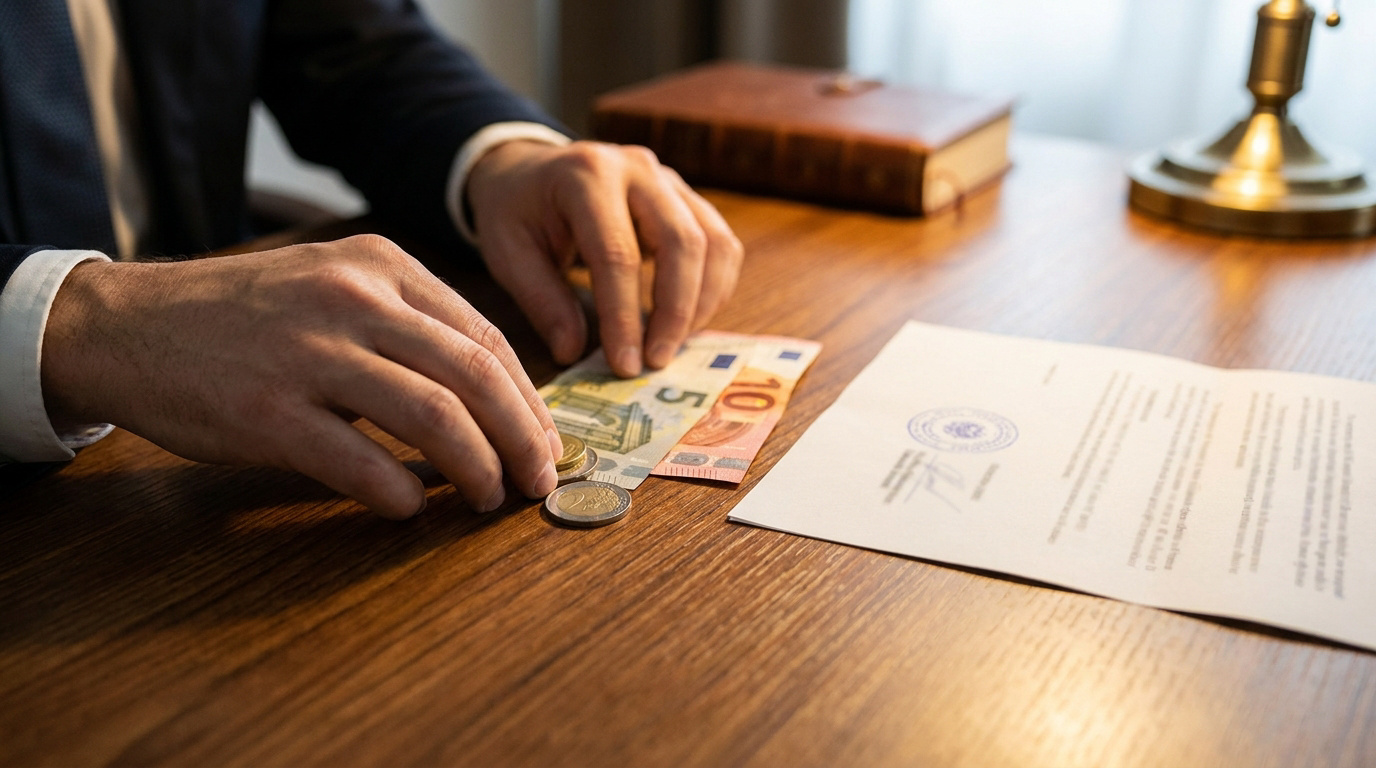 Mains d'un homme en costume manipulant des pièces et des billets en euros devant un document officiel sur un bureau.