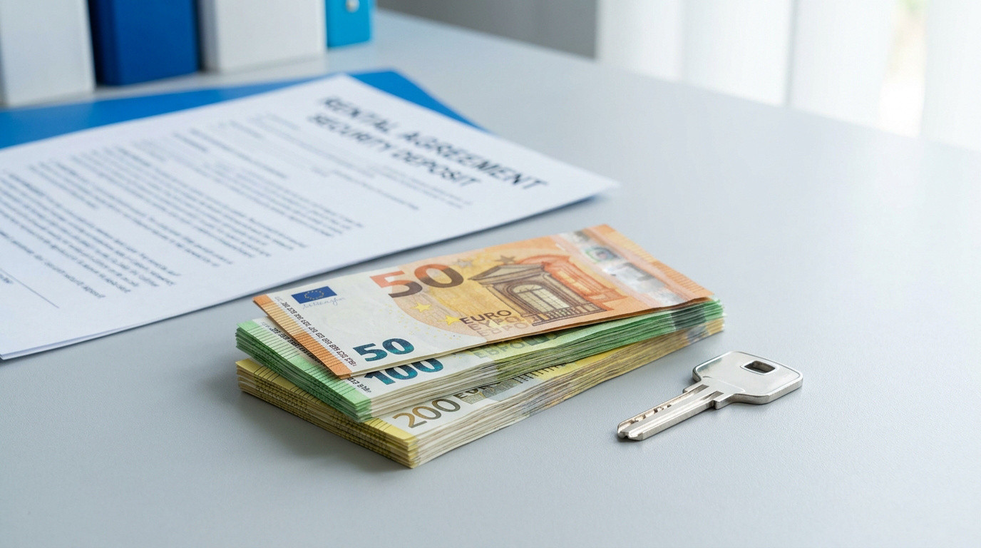 Un contrat de location avec une liasse de billets en euros et une clé posés sur un bureau blanc.