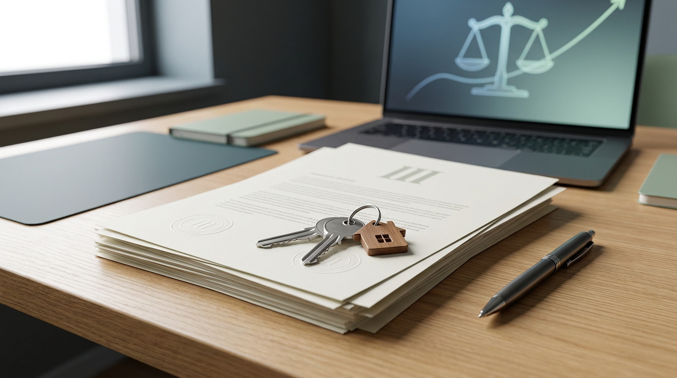 Documents de bail, clés avec porte-clés maison et ordinateur affichant une balance de la justice sur un bureau.