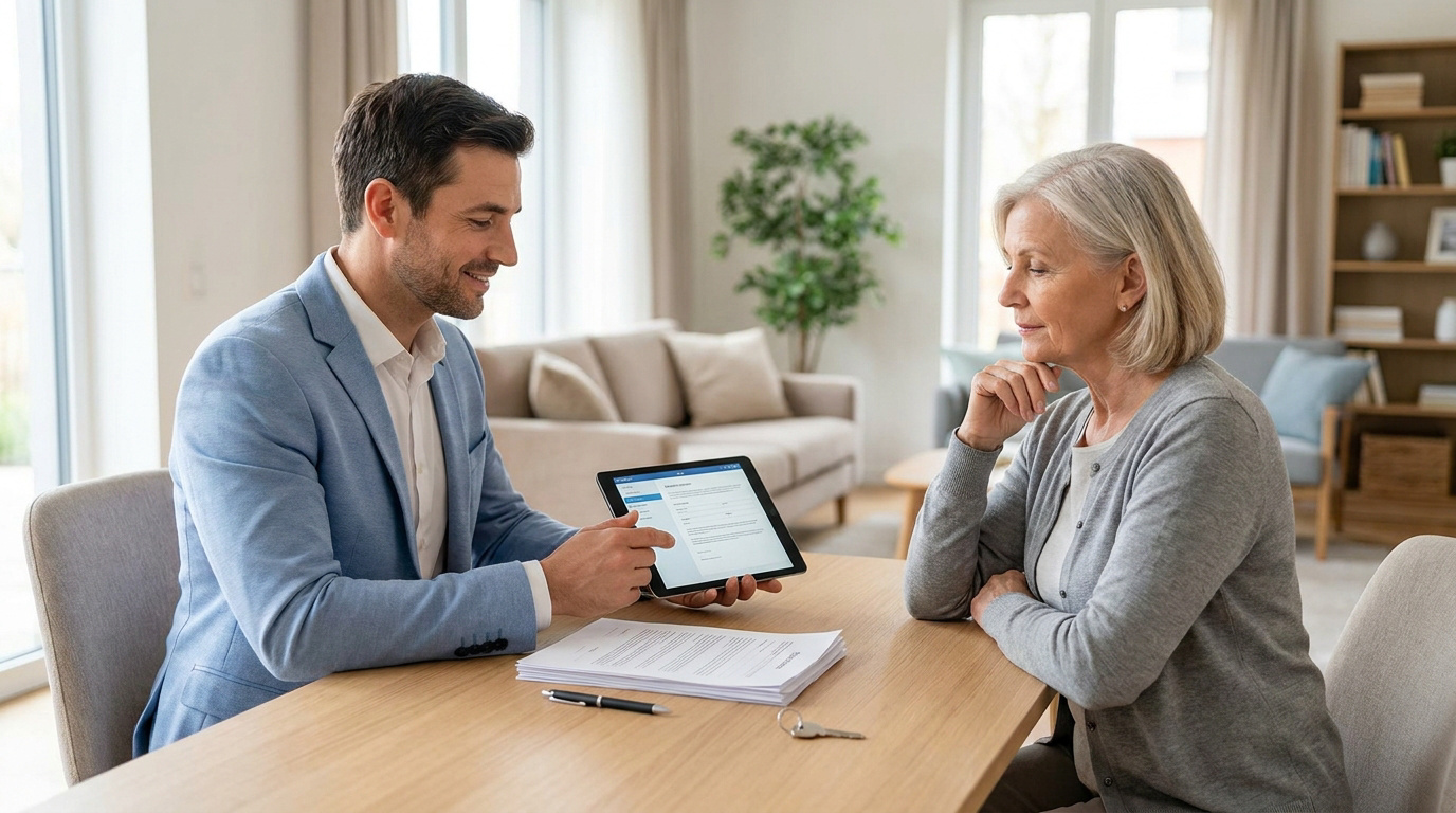Un conseiller immobilier présente des documents sur une tablette à une femme âgée lors d'un rendez-vous professionnel.