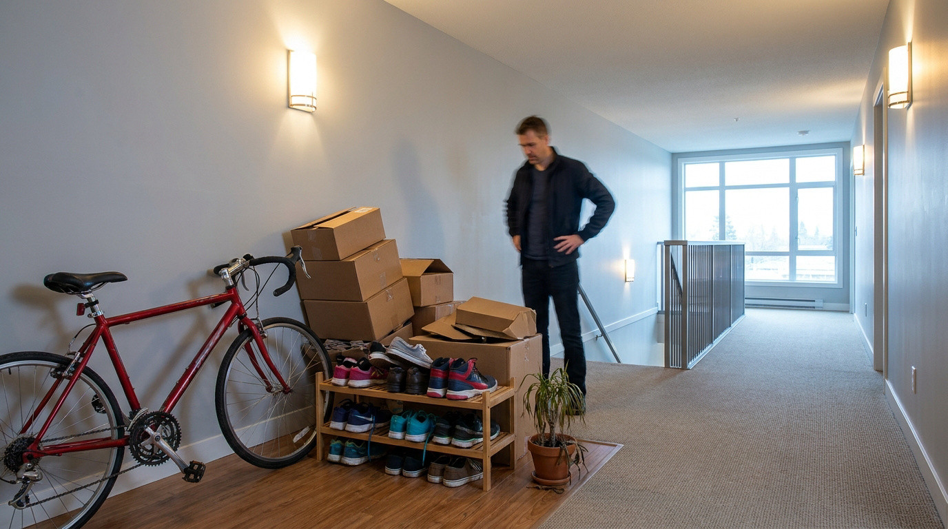 Un homme observe des objets personnels, vélo et cartons, encombrant le couloir d'un immeuble résidentiel.