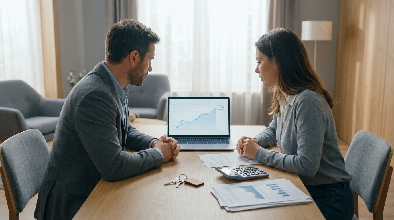 Un couple discutant de finances devant un ordinateur affichant un graphique de taux d'effort à 35 % avec des clés.