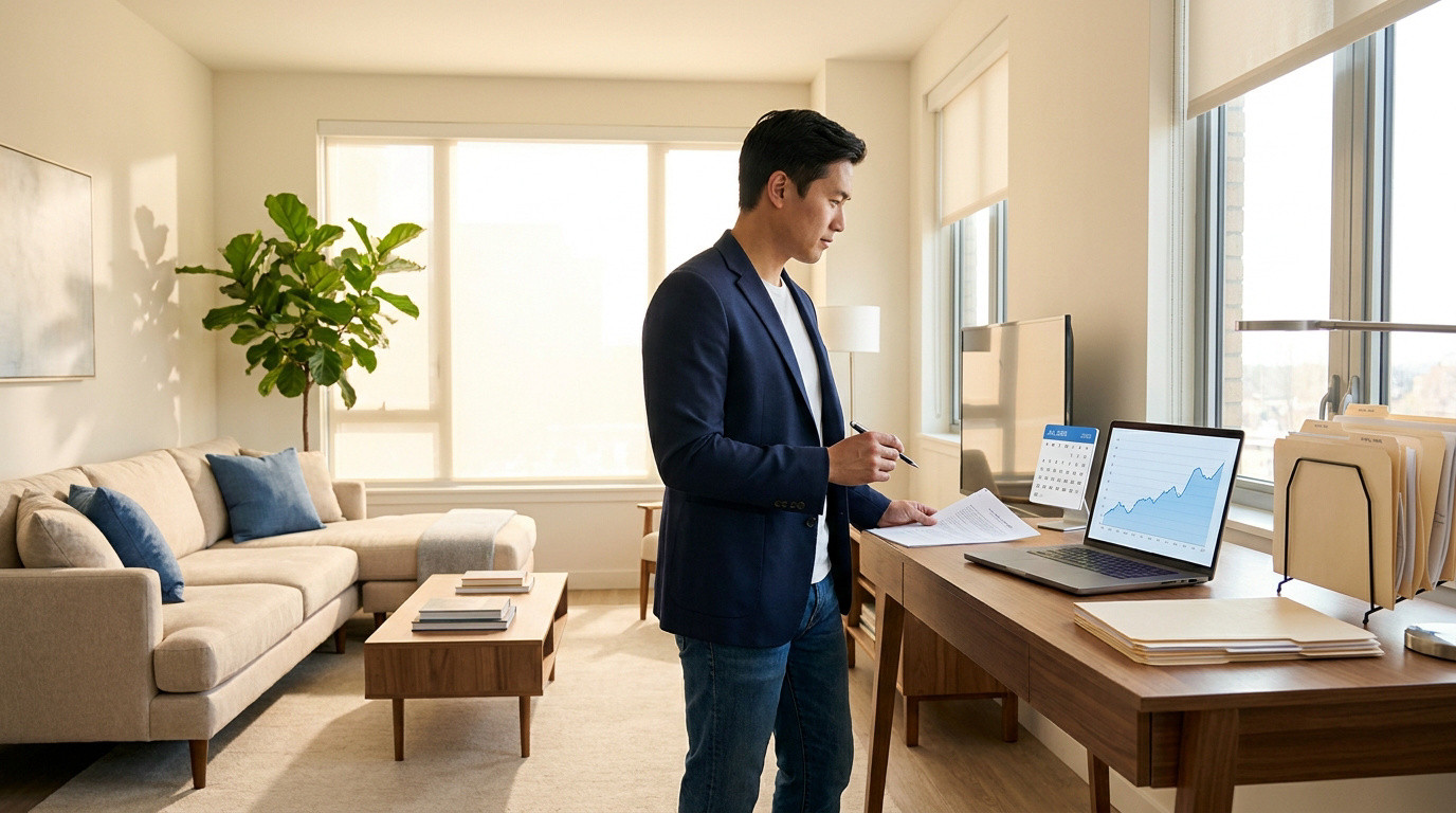 Un homme en tenue professionnelle travaillant debout à son bureau dans un salon lumineux aménagé en espace de travail.