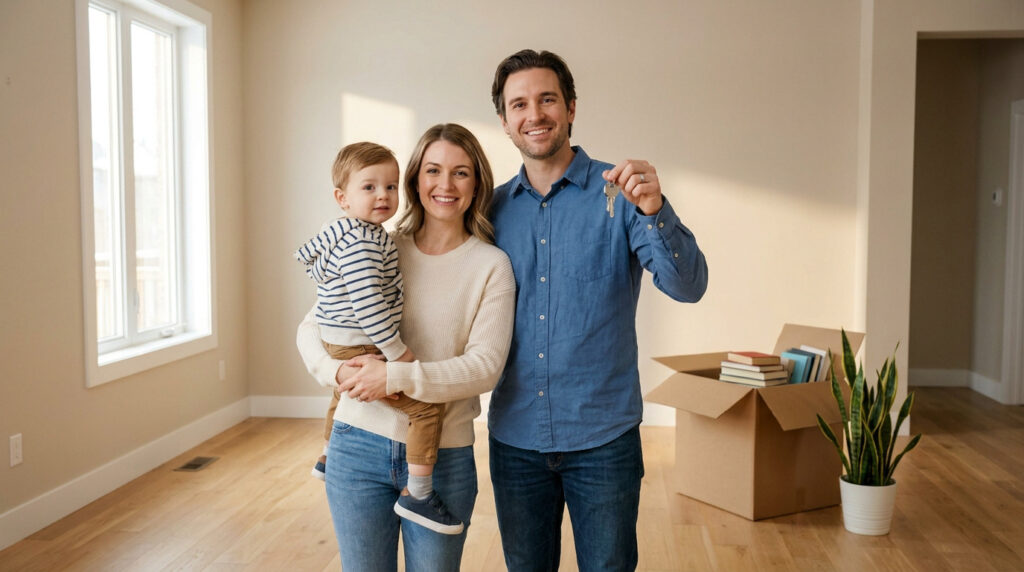 Une famille souriante dans une pièce vide, le père tient les clés de la maison devant des cartons de déménagement.