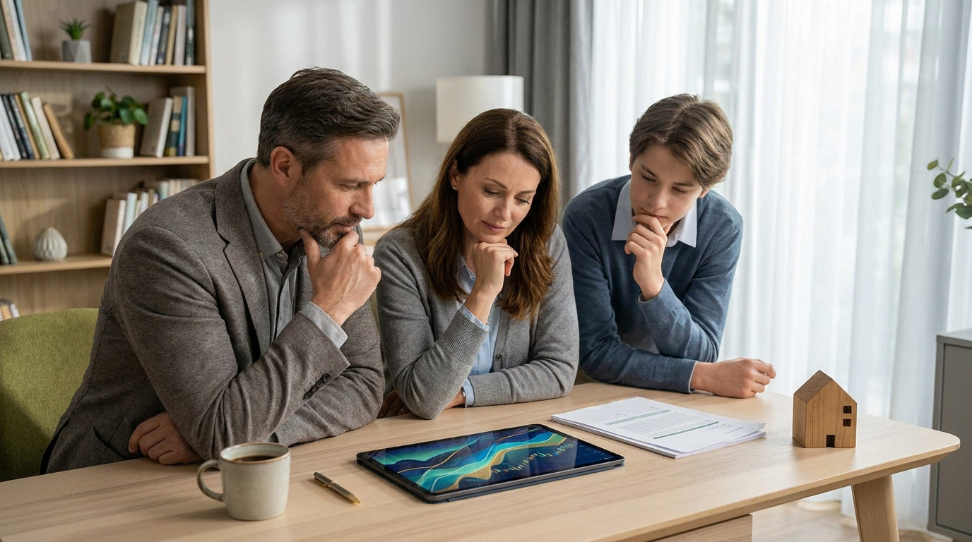 Une famille réfléchit à des documents financiers sur une tablette numérique.