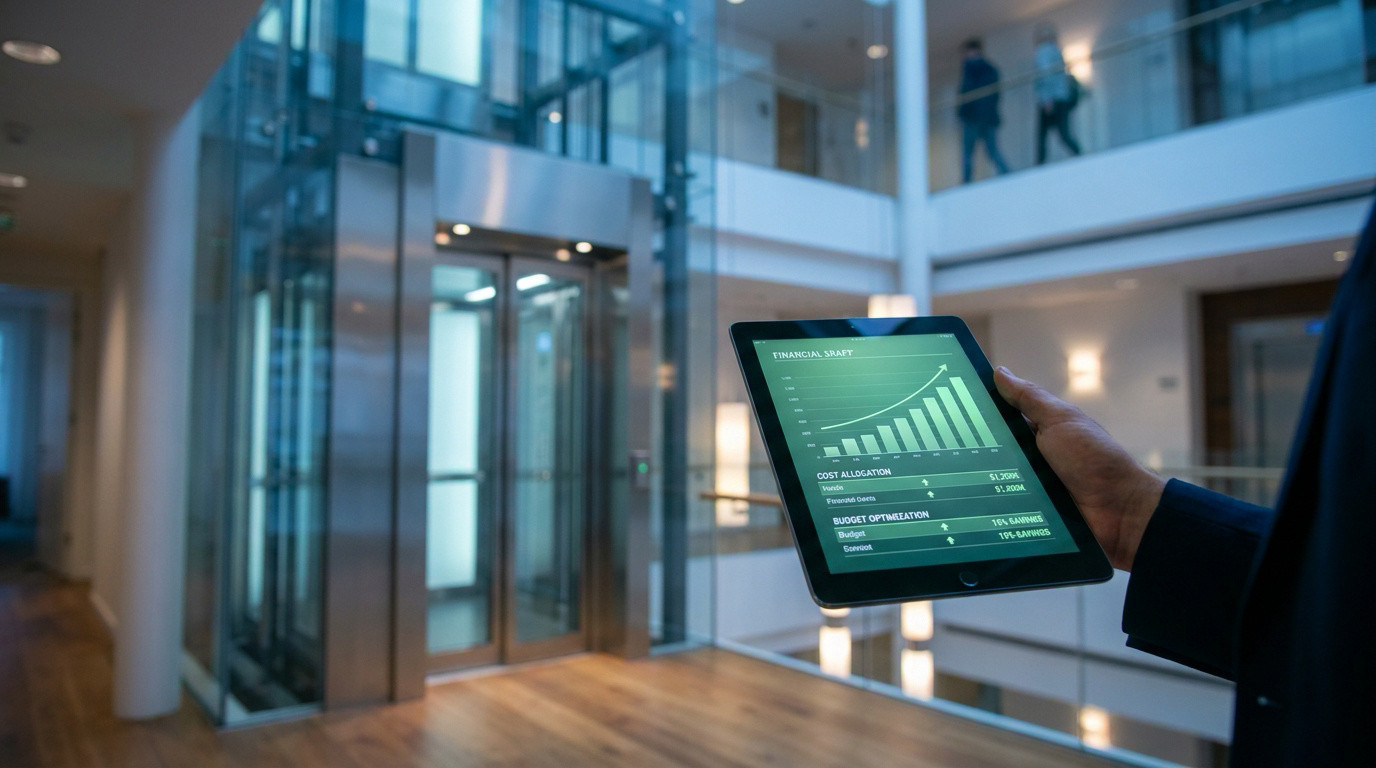 Main tenant une tablette affichant des graphiques financiers devant un ascenseur moderne dans un immeuble de bureaux.