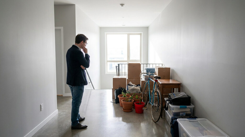 Un homme regarde des objets et cartons encombrant un couloir d'immeuble.