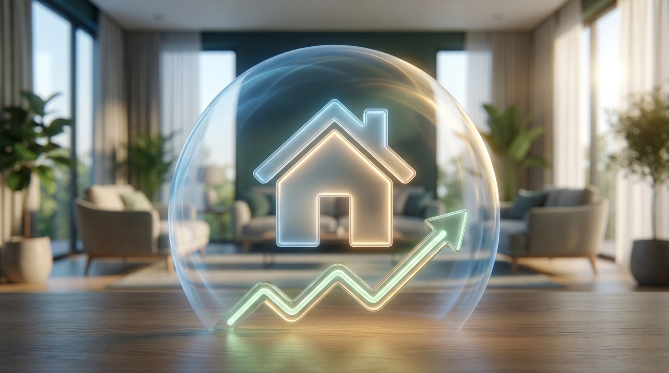 Icône lumineuse d'une maison et d'une flèche ascendante protégées par une bulle de verre dans un salon moderne.