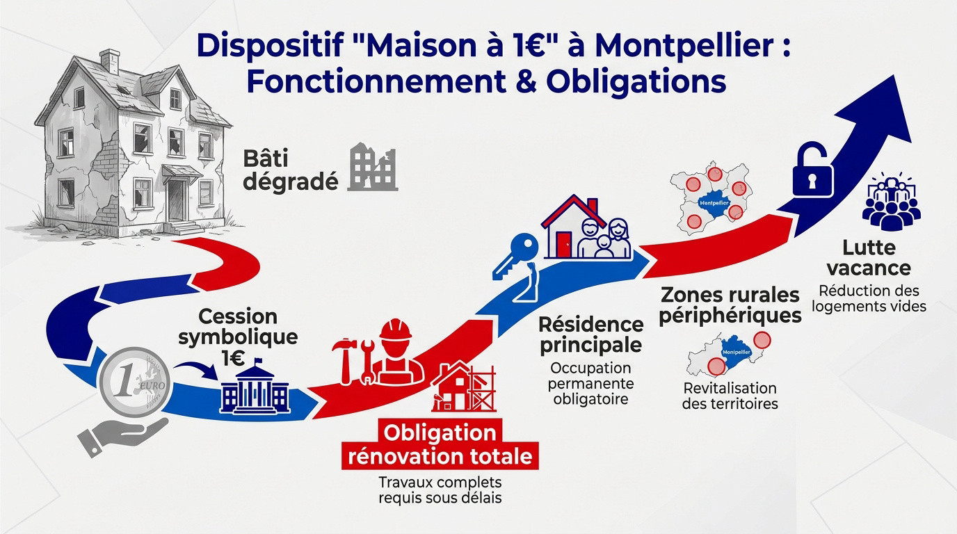 Infographie expliquant le fonctionnement du dispositif maison à 1 euro et les étapes de rénovation
