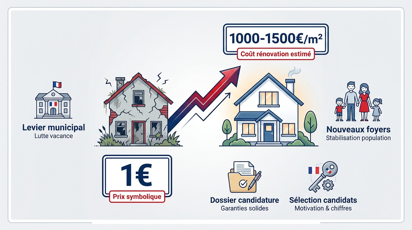 Infographie expliquant le fonctionnement et les coûts des maisons à 1 euro en France