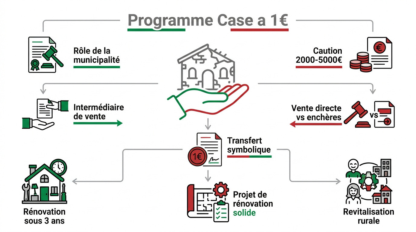 Infographie expliquant les étapes du programme de maison à 1 euro en Italie