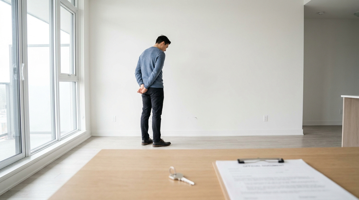 Un homme debout, seul, dans un appartement vide et lumineux avec des clés et des documents posés sur une table.
