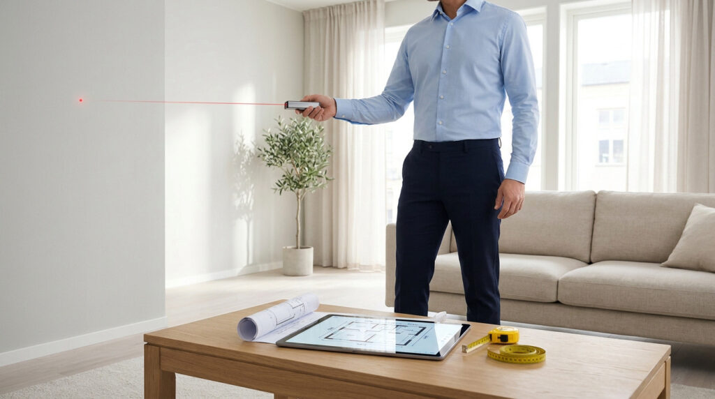 Un professionnel utilise un télémètre laser pour mesurer une pièce lors d'un diagnostic immobilier loi Boutin.