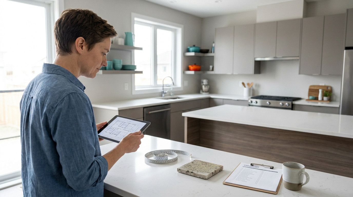 Une personne consulte un plan de cuisine sur une tablette numérique dans une cuisine moderne.