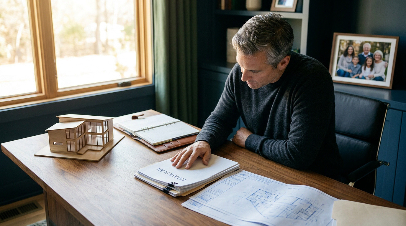 Un homme examine des documents de planification successorale et une maquette de maison sur son bureau.