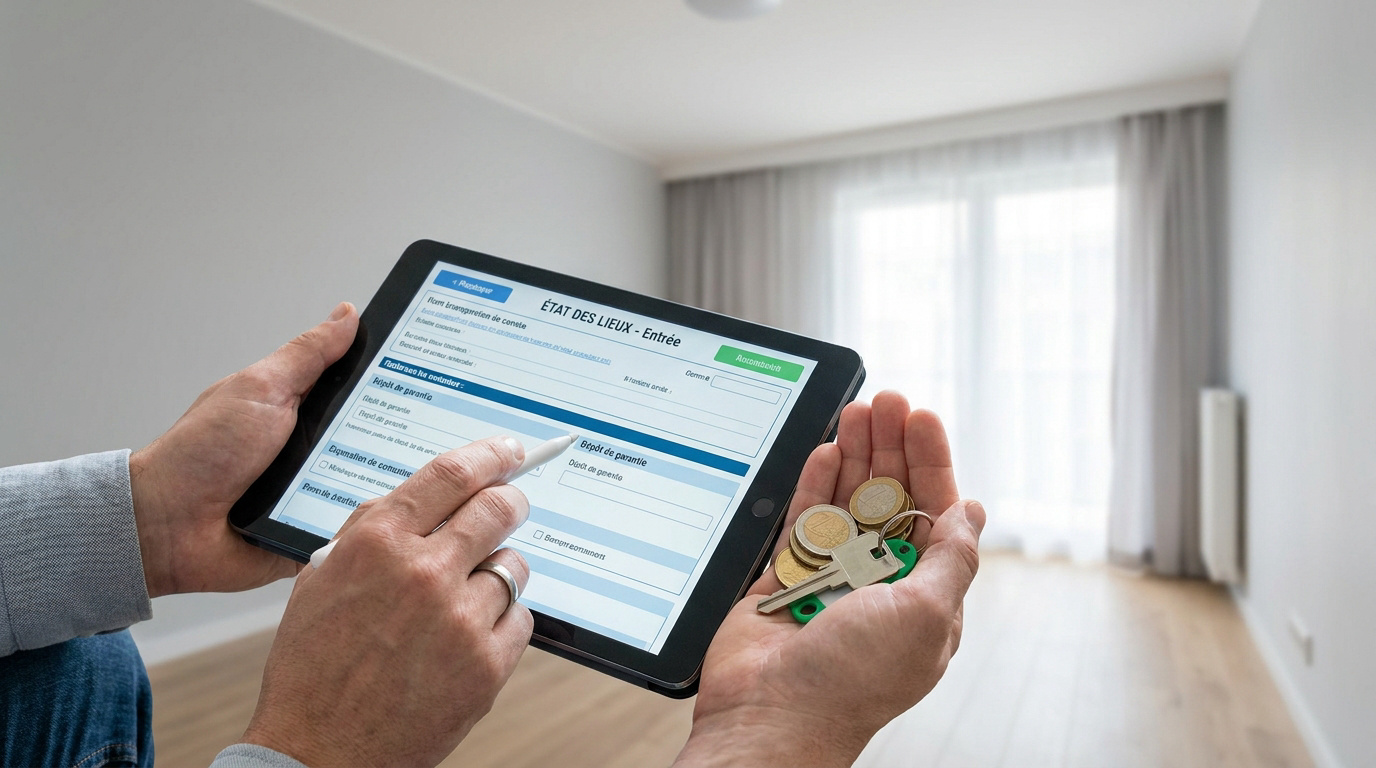 Une personne remplit un état des lieux numérique sur une tablette tout en tenant des clés et des pièces de monnaie.